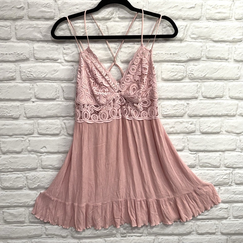 Y2K Victorias Secret Pink Dress Fairy Lace Babydoll Crochet  Blush Pink Sz Large